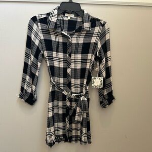 NWT Girls Black and White Plaid Button-Up Tunic Dress with Tie Waist Size Y10